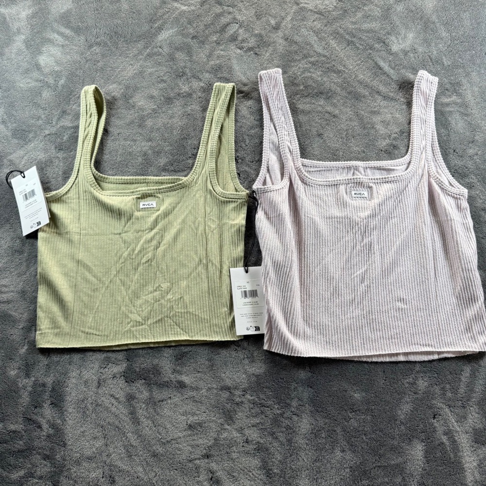 Lot of 2 NWT RVCA Slate Tank Bundle Womens XS Ribbed Crop Top Fog Sage